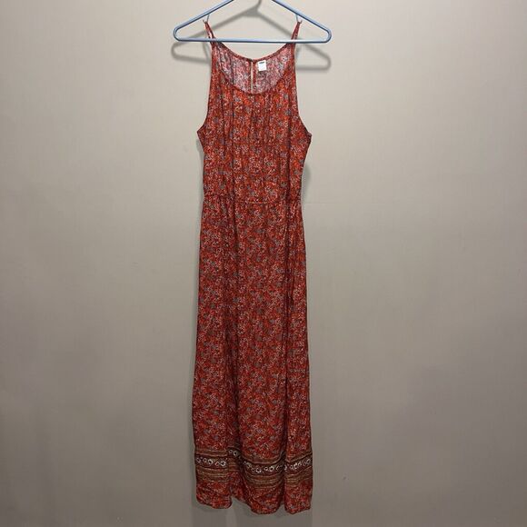 Old Navy M Dress Orange Floral Cottage Spaghetti Strap Resort Beach Maxi Boho - Picture 1 of 8